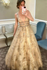 Sparkly A-Line V-Neck Tulle Beading Starry Night Prom Dresses