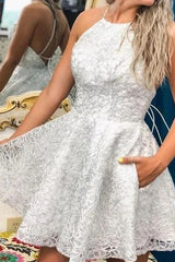 Cute A-Line Halter Lace Short Backless Homecoming Dress
