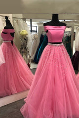 Off Shoulder Two Piece Tulle Pink Teens Prom Dresses with Beaded