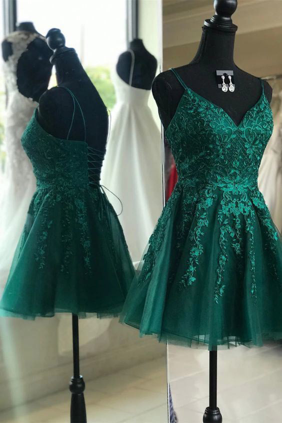 Emerald Green A-Line V-Neck Backless Short Homecoming Dress