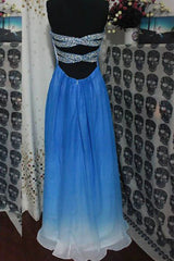 Cut-Out Beaded Back Long Prom Dress with Sweetheart Blue Ombre Design