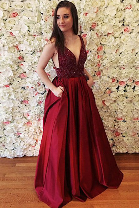 Burgundy Prom Dress Long V-Neck Beading Formal Evening Gown