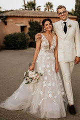 A-Line V-Neck Rustic Wedding Dress, Boho Appliques Wedding Gown