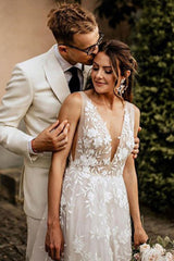 A-Line V-Neck Rustic Wedding Dress, Boho Appliques Wedding Gown