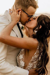 A-Line V-Neck Rustic Wedding Dress, Boho Appliques Wedding Gown