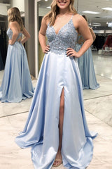A-Line V Neck Lace Satin Prom Dresses Light Blue Formal Dresses