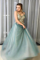 A-Line Tulle Long Prom Dress with Beaded Bodice and Spaghetti Straps