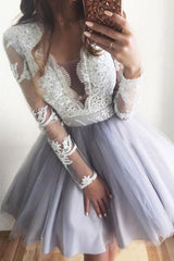 Long Sleeves Lace Tulle Homecoming Dresses, Short V-Neck Sweet 16 Dress