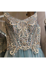 A-Line Tulle Long Prom Dress with Beaded Bodice and Spaghetti Straps