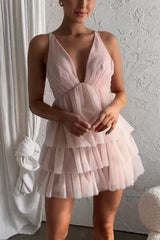 Blush Pink V-Neck Short Homecoming Dress Ruffle Tulle Criss-Cross Back Party Dresses