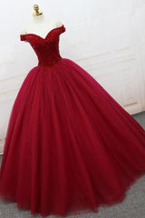 Off Shoulder Ball Gown Burgundy Tulle Long Prom Dresses with Beading