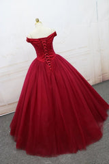 Off Shoulder Ball Gown Burgundy Tulle Long Prom Dresses with Beading