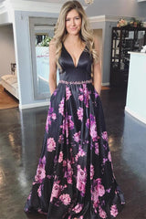 A-Line V-Neck Floral Print Black Backless Long Prom Dress