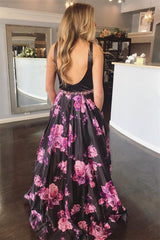 A-Line V-Neck Floral Print Black Backless Long Prom Dress