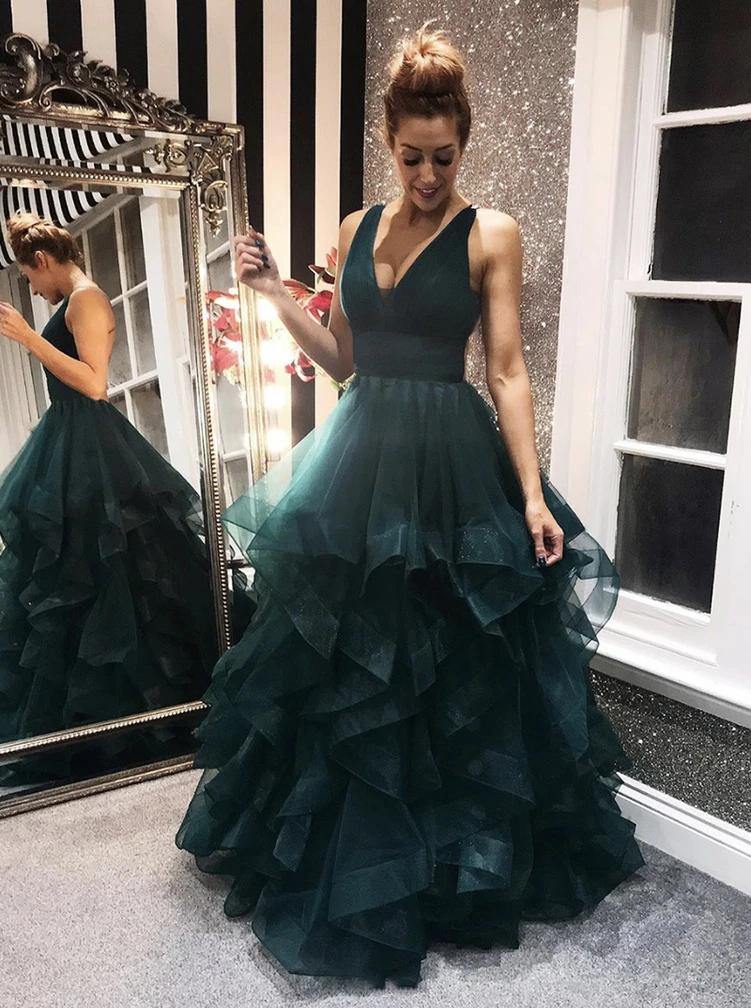 Dark Green Tulle Backless Prom Dresses, Long Evening Dress