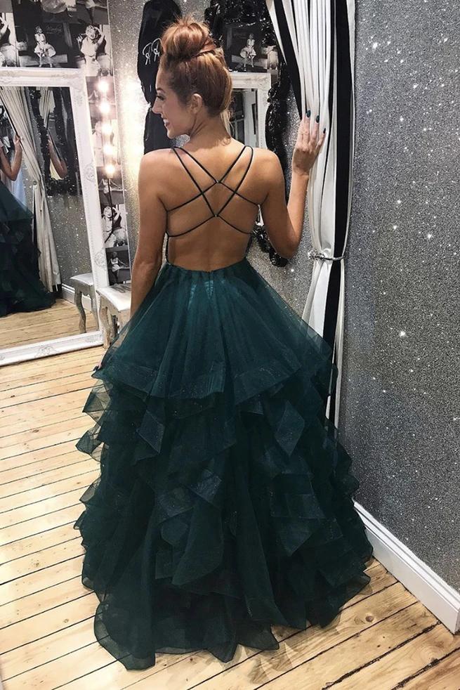 Dark Green Tulle Backless Prom Dresses, Long Evening Dress