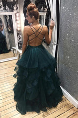 Dark Green Tulle Backless Prom Dresses, Long Evening Dress