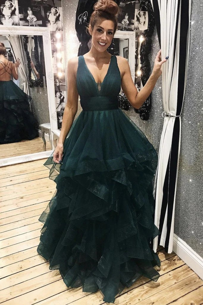 Dark Green Tulle Backless Prom Dresses, Long Evening Dress