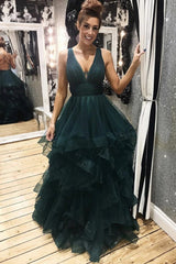 Dark Green Tulle Backless Prom Dresses, Long Evening Dress