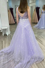 A-Line V-Neck Tulle Appliques Long Lilac Prom Graduation Dresses