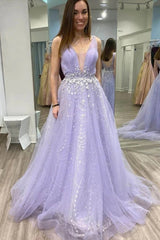 A-Line V-Neck Tulle Appliques Long Lilac Prom Graduation Dresses