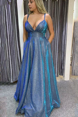 Sparkly Long Prom Dresses with Pockets, A-Line Blue Formal Dress