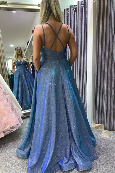 Sparkly Long Prom Dresses with Pockets, A-Line Blue Formal Dress