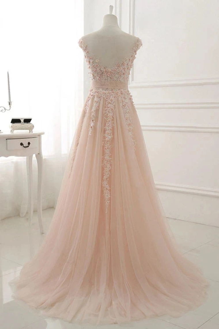 A-Line Sheer Neck Cap Sleeve Tulle Prom Dress with Appliques