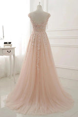 A-Line Sheer Neck Cap Sleeve Tulle Prom Dress with Appliques