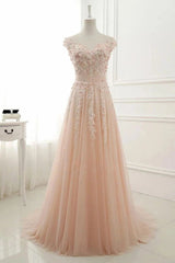 A-Line Sheer Neck Cap Sleeve Tulle Prom Dress with Appliques