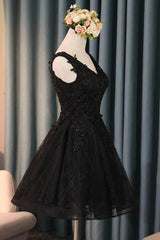 A-Line V-Neck Little Black Lace-Up Homecoming Dress