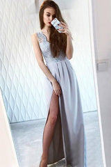 A-Line Scalloped-Edge V-Neck Appliques Satin Prom Dress with Slit
