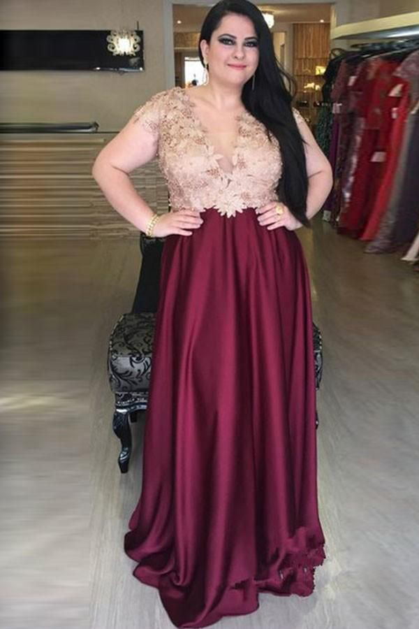 A-Line V-Neck Satin Long Plus Size Prom Dress with Applique