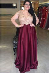 A-Line V-Neck Satin Long Plus Size Prom Dress with Applique