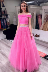 Off Shoulder Two Piece Tulle Pink Teens Prom Dresses with Beaded
