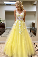 A-Line V-Neck Tulle Long Prom Dress with Appliques, Yellow Graduation Gown