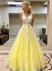 A-Line V-Neck Tulle Long Prom Dress with Appliques, Yellow Graduation Gown