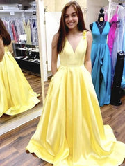 A-Line V-Neck Long Yellow Prom Dress with Flower Straps, Formal Evening Dress