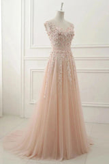 A-Line Sheer Neck Cap Sleeve Tulle Prom Dress with Appliques