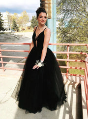 Black Deep V-Neck A-Line Formal Party Evening Gowns