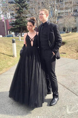 Black Deep V-Neck A-Line Formal Party Evening Gowns