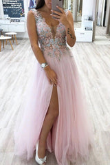 A-Line V-Neck Tulle Long Prom Dress with Slit and Appliques