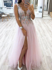 A-Line V-Neck Tulle Long Prom Dress with Slit and Appliques