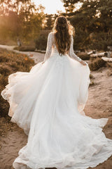 A-Line V-Neck Long Sleeve Tulle Boho Wedding Dress with Lace Appliques