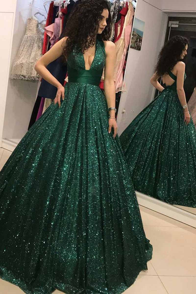 Dark Green V-Neck Sparkly Sequins Ball Gown Prom Dress