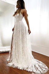 Lace Beach Wedding Dresses, V-Neck Backless Bridal Gown with Split