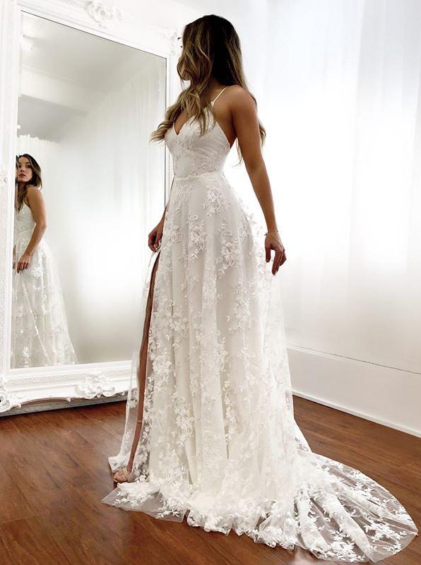 Lace Beach Wedding Dresses, V-Neck Backless Bridal Gown with Split