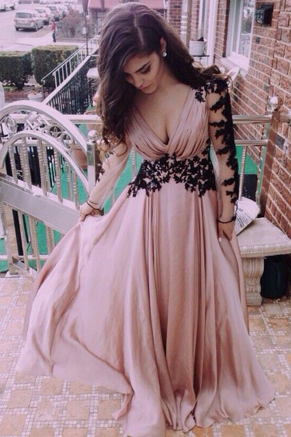A-Line V-Neck Long Sleeve Chiffon Prom Dress with Black Lace