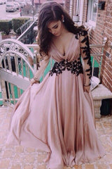 A-Line V-Neck Long Sleeve Chiffon Prom Dress with Black Lace