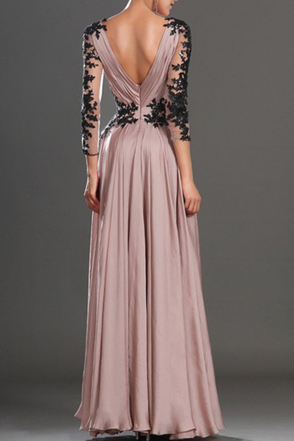 A-Line V-Neck Long Sleeve Chiffon Prom Dress with Black Lace